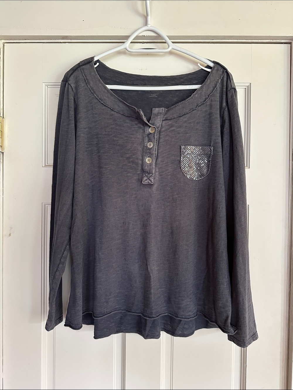 Soft Surroundings Charcoal Long-Sleeve Henley with Sequin Pocket